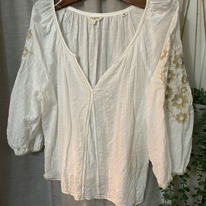 Max Studio White Blouse with Gold Floral Accents